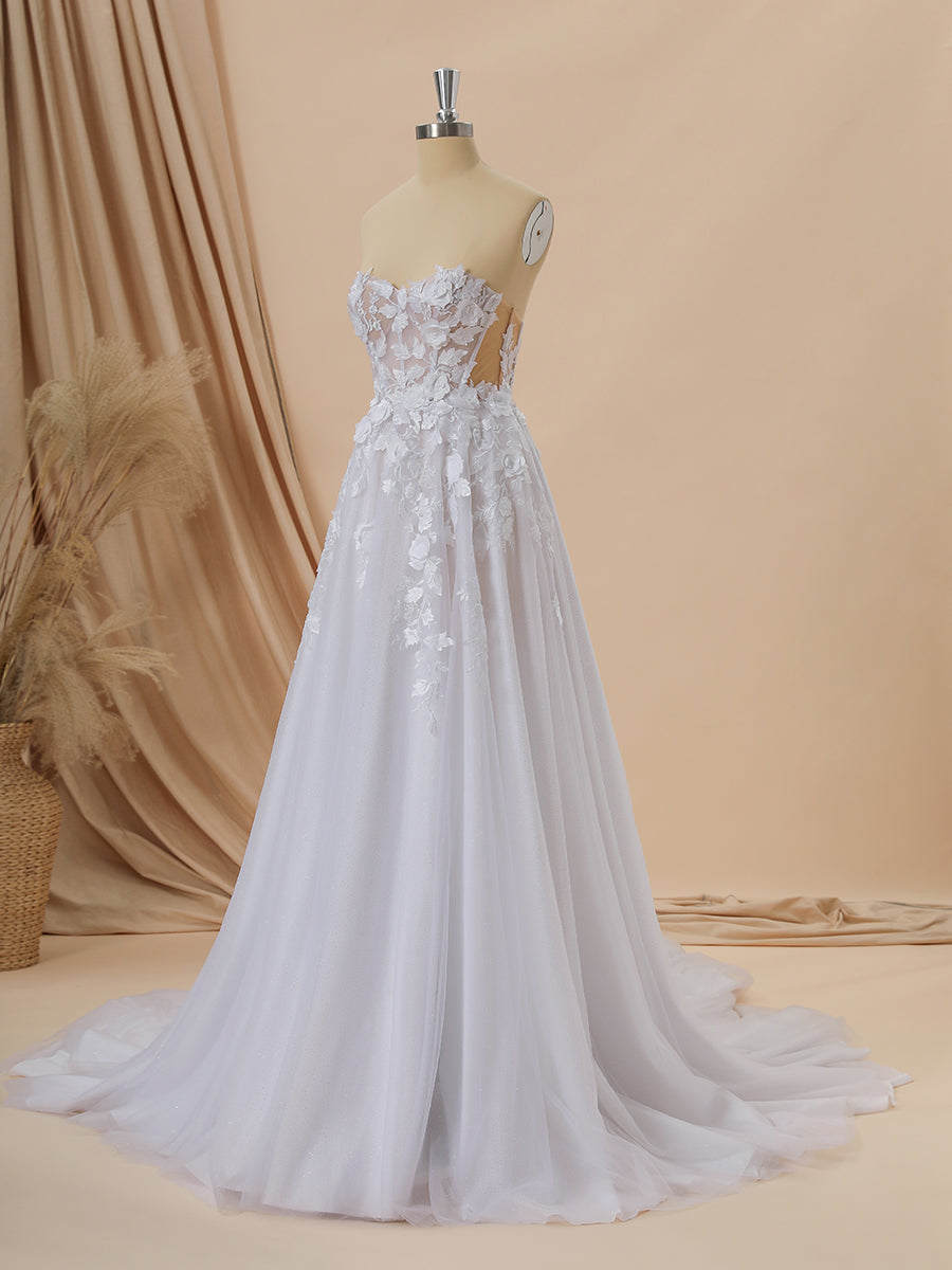 Wedding Dresses A Line Sleeves, A-line Tulle Sweetheart Appliques Lace Cathedral Train Corset Wedding Dress