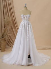 Wedding Dress Off The Shoulder, A-line Tulle Sweetheart Appliques Lace Cathedral Train Corset Wedding Dress