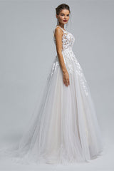 Wedding Dress Accessory, A-Line Tulle V-Neck Lace Beaded Flower Wedding Dresses