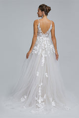 Wedding Dress With Sleeve, A-Line Tulle V-Neck Lace Beaded Flower Wedding Dresses