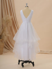 Wedding Dressed Beach, A-line Tulle V-neck Pleated Asymmetrical Wedding Dress