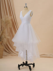 Wedding Dresses Classic, A-line Tulle V-neck Pleated Asymmetrical Wedding Dress