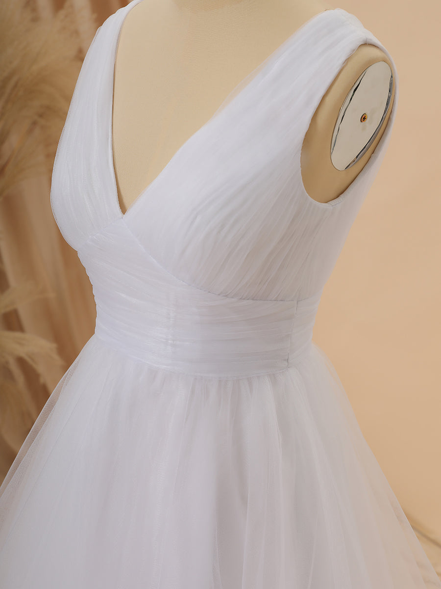 Wedding Dress Classic, A-line Tulle V-neck Pleated Asymmetrical Wedding Dress