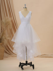 Wedding Dresse Beach, A-line Tulle V-neck Pleated Asymmetrical Wedding Dress