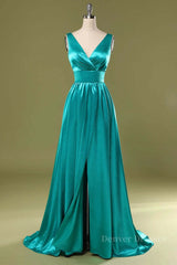 Corset Dress, A Line V Neck and V Back Turquoise Long Prom Dress with Slit, Turquoise Formal Graduation Evening Dress