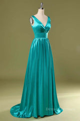 Sweet 55 Dress, A Line V Neck and V Back Turquoise Long Prom Dress with Slit, Turquoise Formal Graduation Evening Dress