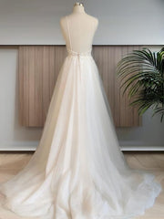 Wedding Dresses V Neck, A-line V-neck Applique Sweep Train Tulle Wedding Dress