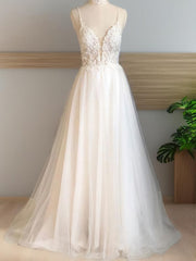 Wedding Dress V Neck, A-line V-neck Applique Sweep Train Tulle Wedding Dress