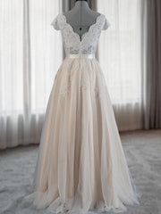 Wedding Dress For Sale, A-line V-neck Appliques Lace Floor-Length Lace Wedding Dress