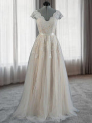 Wedding Dresses For Sale, A-line V-neck Appliques Lace Floor-Length Lace Wedding Dress