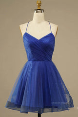 Formal Dresses Over 80, A Line V Neck Backless Blue Tulle Prom Dress, Backless Blue Homecoming Dress, Short Blue Formal Evening Dress