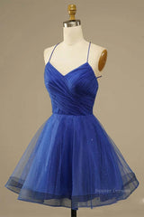 Formal Dresses For Large Ladies, A Line V Neck Backless Blue Tulle Prom Dress, Backless Blue Homecoming Dress, Short Blue Formal Evening Dress