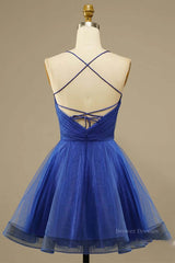 Formal Dresses Royal Blue, A Line V Neck Backless Blue Tulle Prom Dress, Backless Blue Homecoming Dress, Short Blue Formal Evening Dress