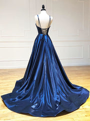 Prom Dress Different, A Line V Neck Backless Dark Navy Blue Prom Dresses, Open Back Navy Blue Formal Evening Dresses