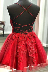 Homecoming Dresses Pockets, A Line V Neck Backless Lace Red Short Prom Dress Homecoming Dress, Backless Red Lace Formal Graduation Evening Dress