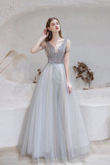 Party Dresses For Babies, A Line V-Neck Beaded Floor Length Prom Dresses With Short Sleeves