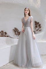 Casual Dress, A Line V-Neck Beaded Floor Length Prom Dresses With Short Sleeves