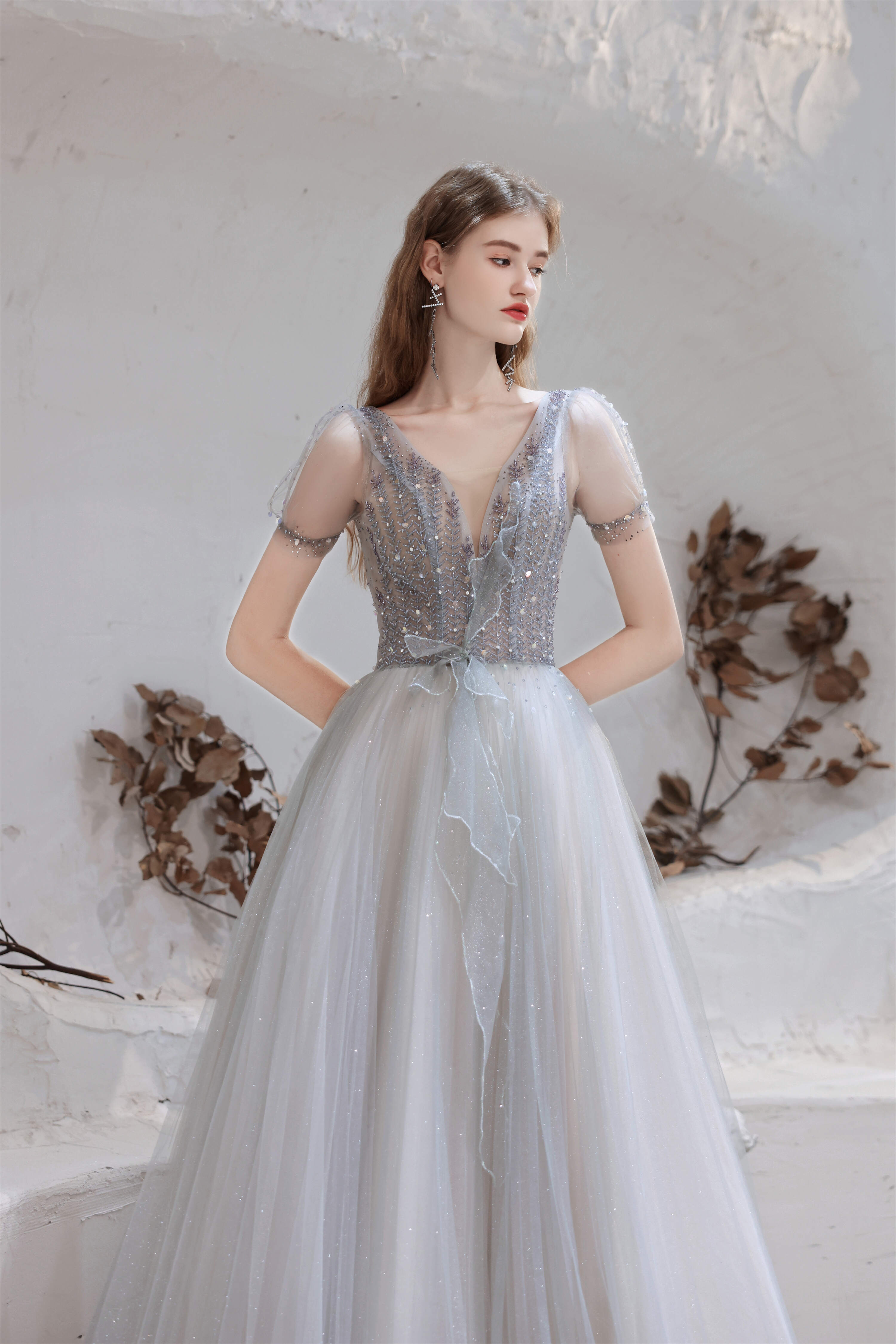 Party Dress Afternoon Tea, A Line V-Neck Beaded Floor Length Prom Dresses With Short Sleeves