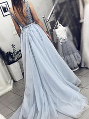Prom Dress For Sale, A Line V Neck Blue Beaded Long Prom Dresses, Blue Beaded Long Formal Evening Dresses