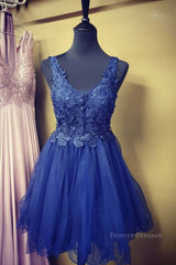 Evening Dresses Unique, A Line V Neck Blue Lace Short Prom Dress, Blue Lace Homecoming Dress, Short Blue Formal Evening Dress