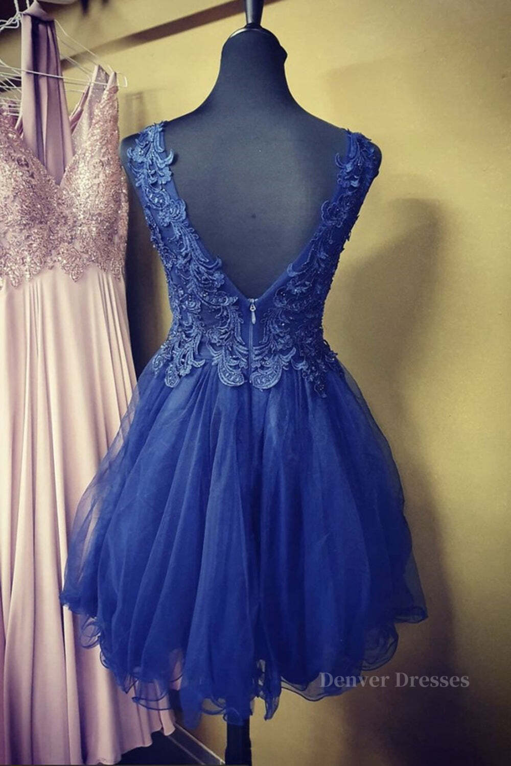 Evening Dresses Gowns, A Line V Neck Blue Lace Short Prom Dress, Blue Lace Homecoming Dress, Short Blue Formal Evening Dress
