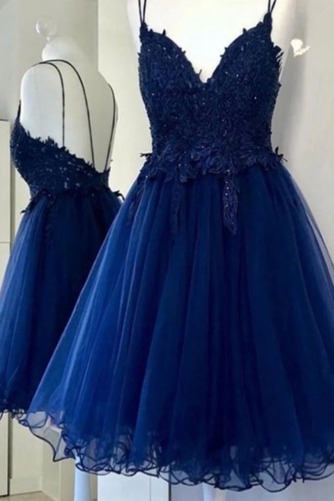 Prom Shoes, A Line V Neck Blue Short Prom Dresses Backless Homecoming Dresses