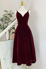 Formal Dress Trends, A Line V Neck Burgundy Black Tea Length Prom Dresses, Short Black Wine Red Formal Homecoming Dresses