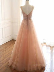 Prom Dress Long Ball Gown, A Line V Neck Champagne Tulle Long Beaded Prom Dresses, Champagne Long Formal Evening Dresses