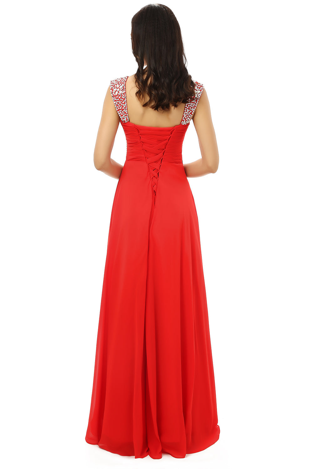 Bridesmaid Dress Neutral, A-line V Neck Chiffon Long Red Prom Dresses