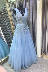 Prom Dresses Long Formal Evening Gown, A Line V Neck Floral Light Blue Lace Long Prom Dress, Light Blue Lace Formal Graduation Evening Dress