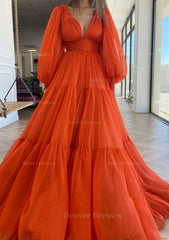 Bridal Shoes, A-line V Neck Full/Long Sleeve Long/Floor-Length Chiffon Prom Dress With Pleated