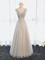 Dusty Blue Bridesmaid Dress, A Line V Neck Gray Floral Long Prom Dresses, V Neck Gray Long Floral Formal Bridesmaid Dresses