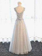 Beauty Dress, A Line V Neck Gray Floral Long Prom Dresses, V Neck Gray Long Floral Formal Bridesmaid Dresses