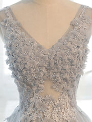 Slip Dress, A Line V Neck Gray Floral Long Prom Dresses, V Neck Gray Long Floral Formal Bridesmaid Dresses