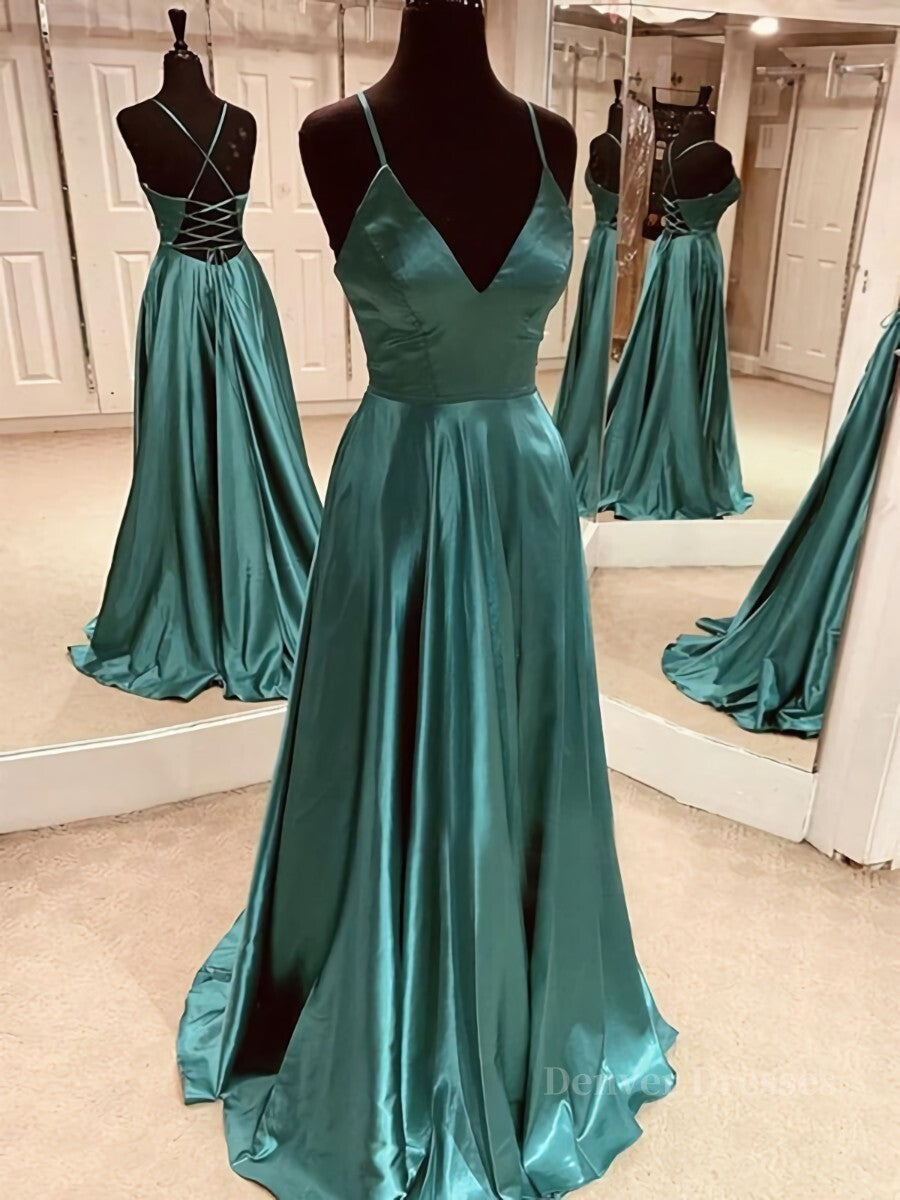 Gown, A Line V Neck Green Satin Long Prom Dresses, Backless Green Long Formal Evening Dresses