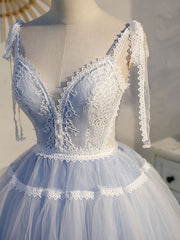 Party Dresses Indian, A Line V Neck Lace Blue Short Prom Dresses, Blue Puffy Homecoming Dresses