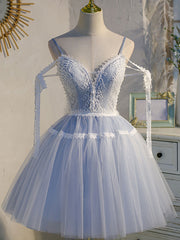 Party Dress Clubwear, A Line V Neck Lace Blue Short Prom Dresses, Blue Puffy Homecoming Dresses