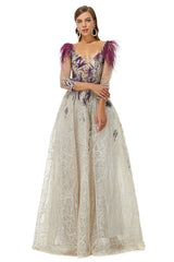 Bridesmaids Dresses Burgundy, A-Line V-Neck Lace Floor-Length Long Sleeve Open Back Beading Prom Dresses
