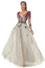 Bridesmaids Dress Burgundy, A-Line V-Neck Lace Floor-Length Long Sleeve Open Back Beading Prom Dresses