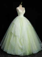 Prom Dresses Patterns, A-Line V Neck Lace Tulle Green Long Prom Dress, Green Sweet 16 Dress