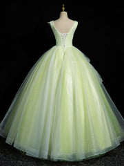 Prom Dress Pattern, A-Line V Neck Lace Tulle Green Long Prom Dress, Green Sweet 16 Dress