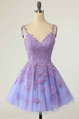 Evening Dress Online, A-line V Neck Lace-Up Applique Mini Homecoming Dress