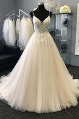 Wedding Dress Fabric, A Line V Neck Light Champagne Lace Prom Dresses, Light Champagne Lace Wedding Formal Dresses