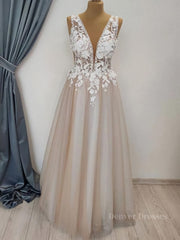 Wedding Dress Simple Elegant, A Line V Neck Long Champagne Lace Wedding Dresses, Champagne Lace Long Formal Prom Dresses