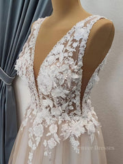 Wedding Dresses Lace Romantic, A Line V Neck Long Champagne Lace Wedding Dresses, Champagne Lace Long Formal Prom Dresses