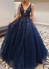 Prom Dresses Styles, A-line V Neck Long/Floor-Length Lace Tulle Prom Dress With Appliqued