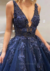 Prom Dresses On Sale, A-line V Neck Long/Floor-Length Lace Tulle Prom Dress With Appliqued