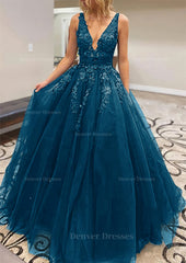 Prom Dress 2049, A-line V Neck Long/Floor-Length Lace Tulle Prom Dress With Appliqued