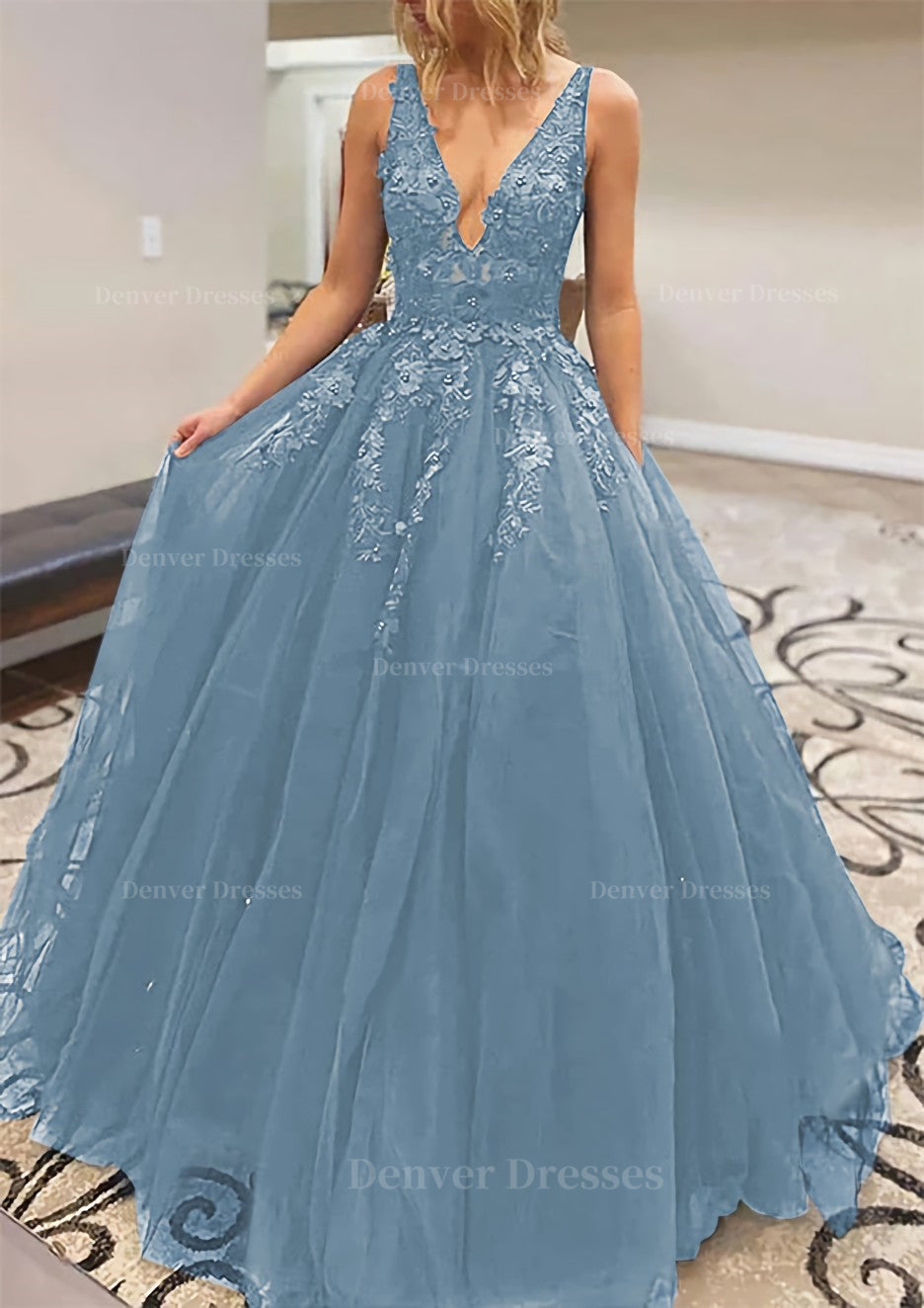 Prom Dress Inspiration, A-line V Neck Long/Floor-Length Lace Tulle Prom Dress With Appliqued