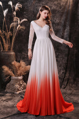 Homecoming Dress Floral, A Line V-Neck Long Sleeve Ombre Silk Like Satin Sweep Train Prom Dresses